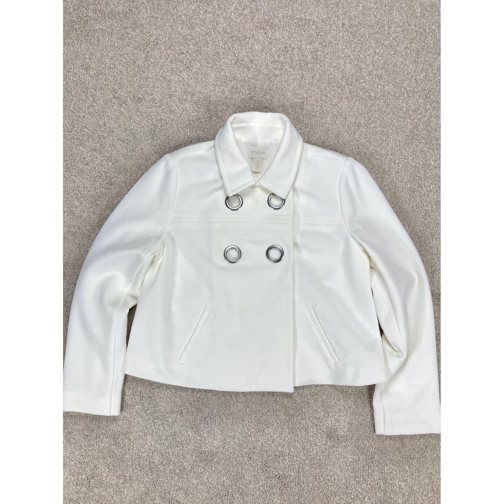 Chico's Cropped Moto Jacket Womens M White Snap Front Modern Office Minimalist